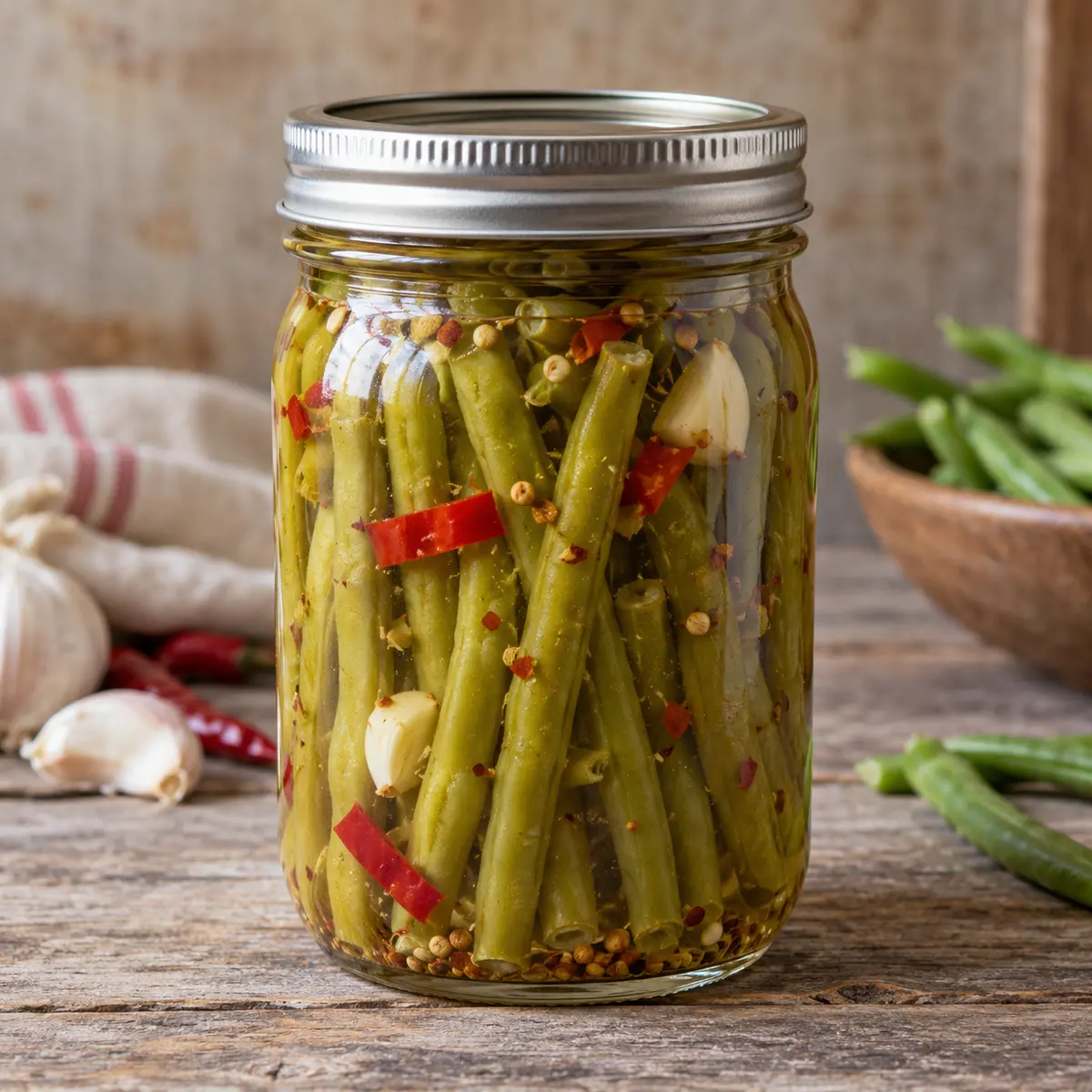 Jar of spicy green beans with red chile and garlic