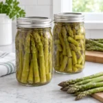 Sealed jars of plain pressure-canned asparagus spears and pieces