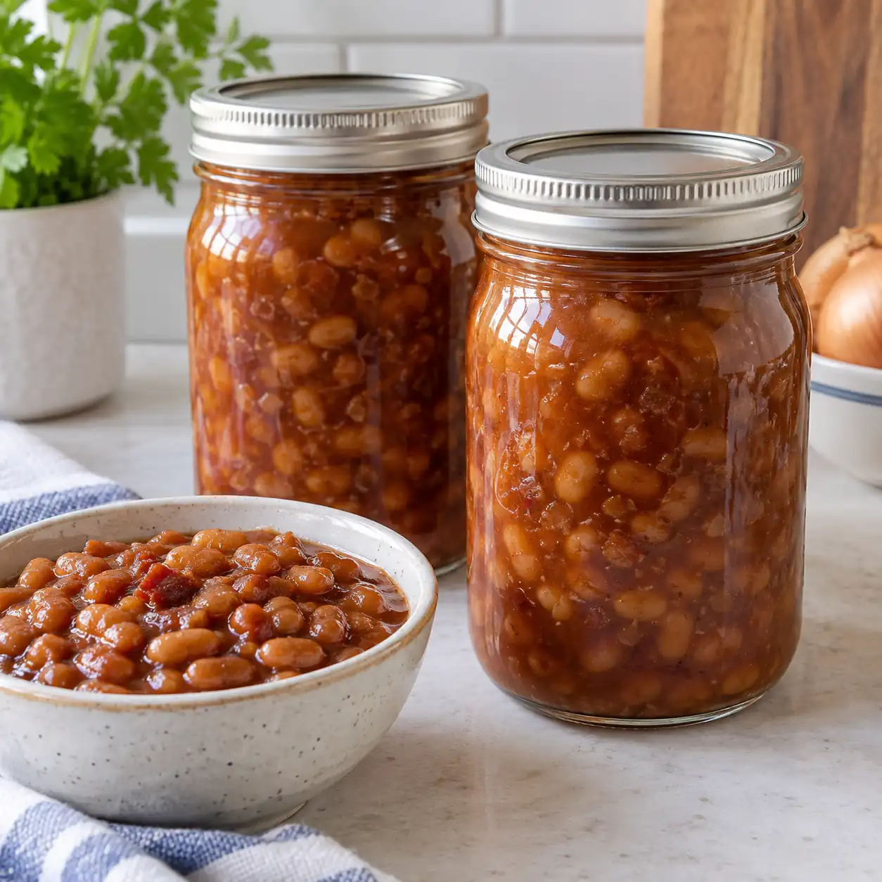 Two sealed pint jars of pressure-canned baked beans in rich sauce