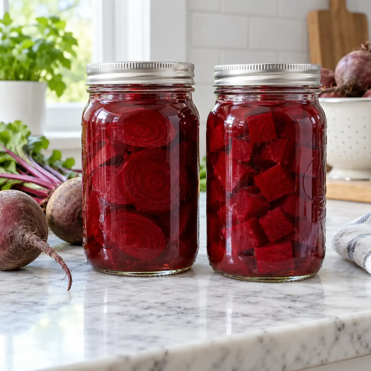 Sealed jars of pressure-canned sliced and cubed beets