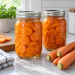Two sealed pint jars of pressure-canned sliced carrots