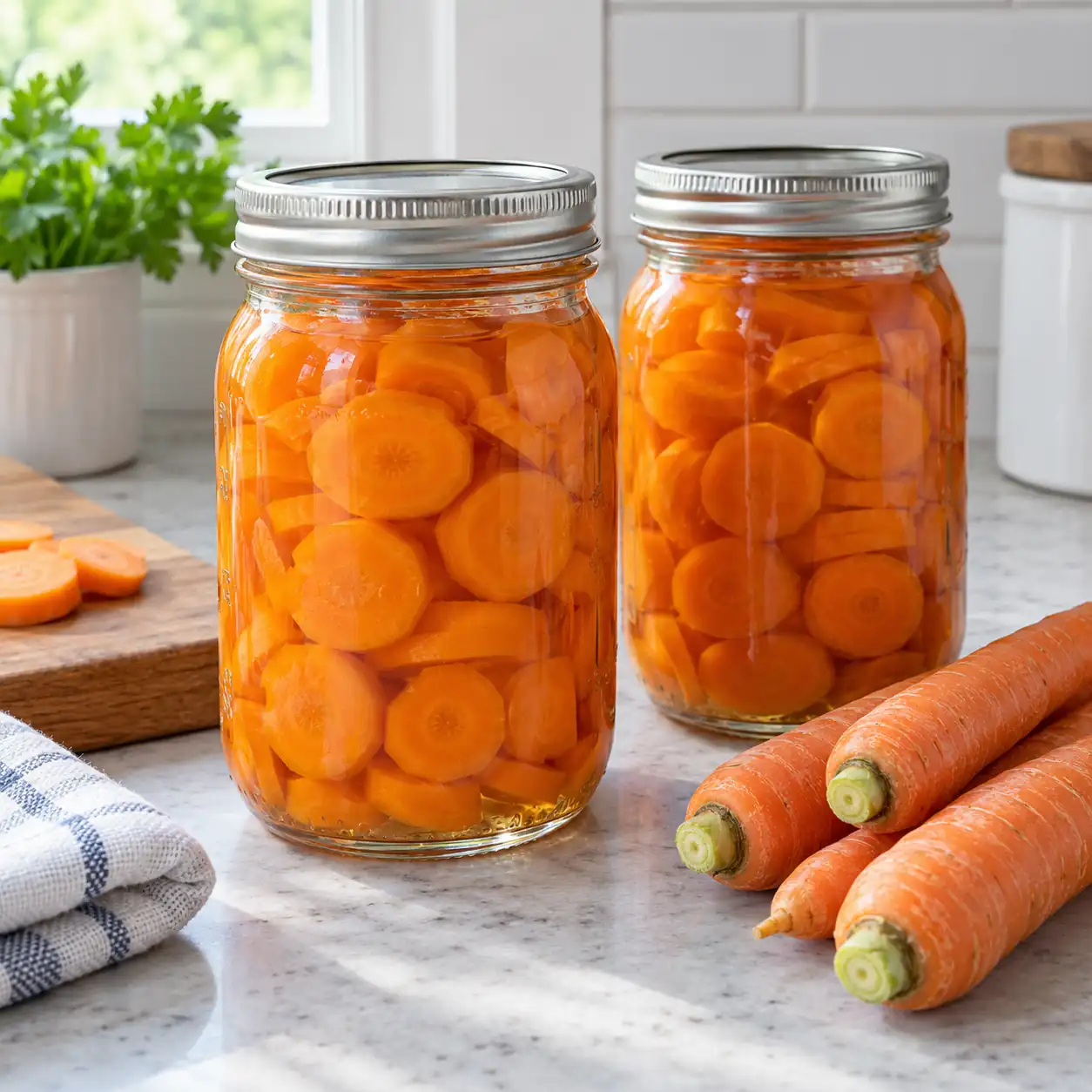 Two sealed pint jars of pressure-canned sliced carrots