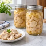 Two sealed pint jars of pressure-canned cooked chicken pieces in broth