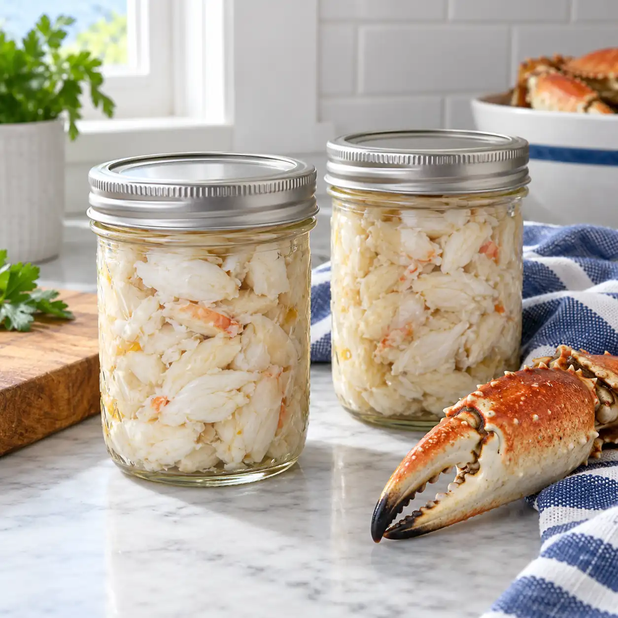 Two sealed half-pint jars of home-canned crab meat