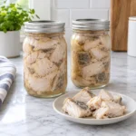 Two sealed pint jars of pressure-canned cooked fish pieces