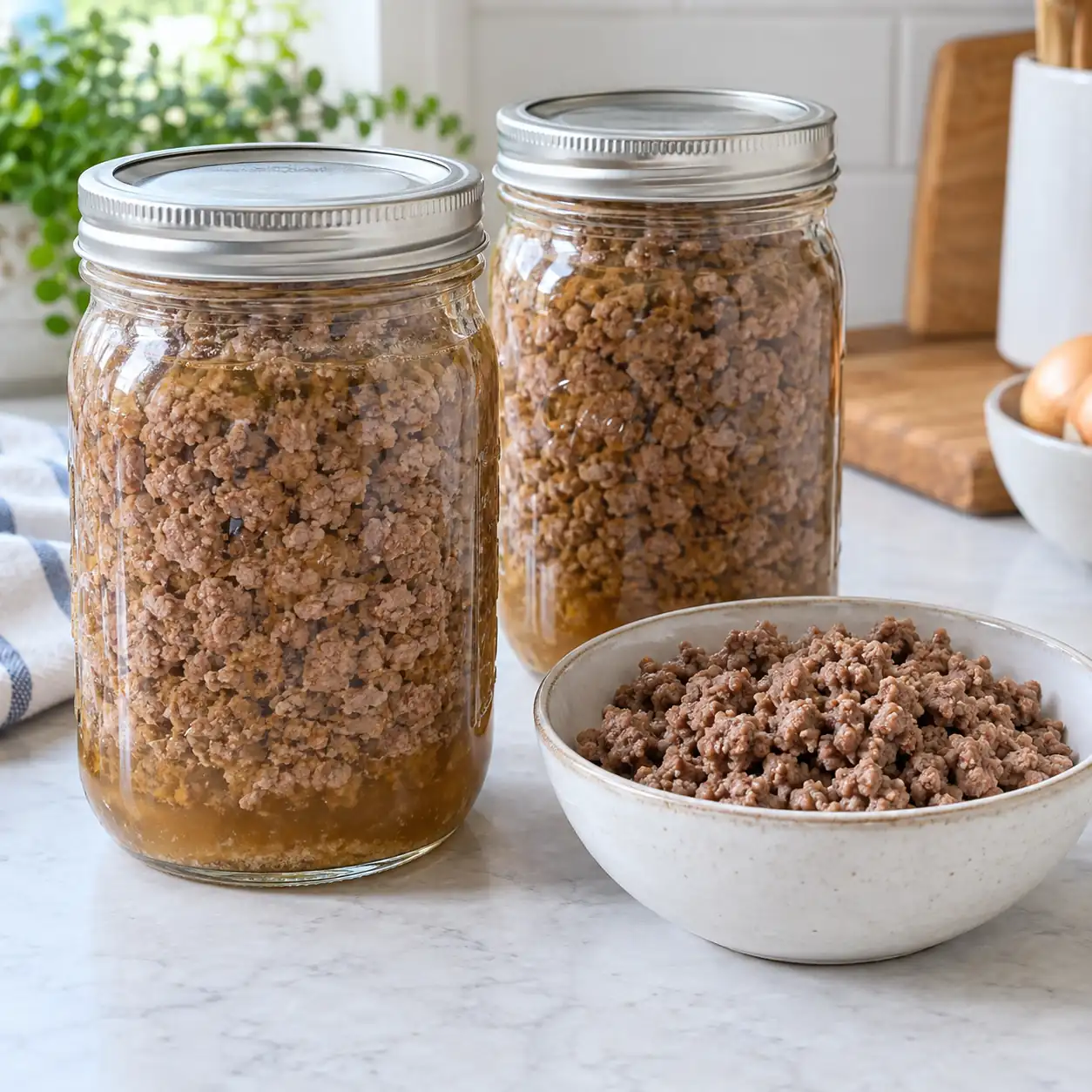 Two sealed pint jars of pressure-canned ground meat in broth