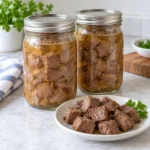 Two sealed pint jars of pressure-canned beef chunks in broth