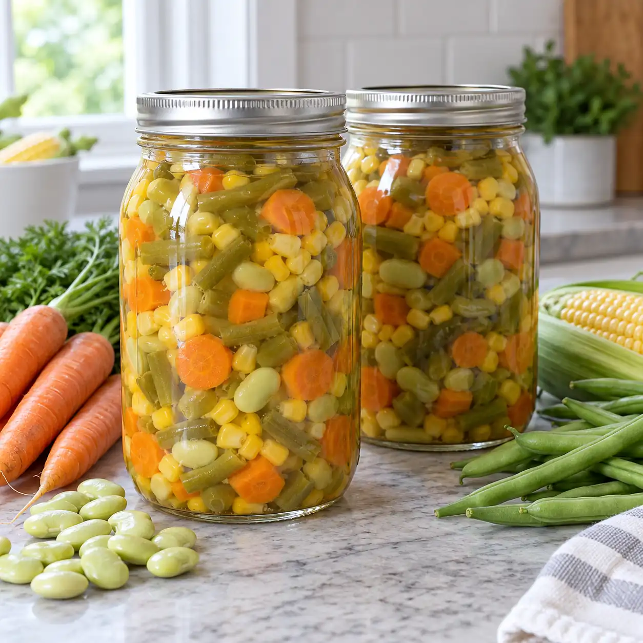 Two sealed quart jars of pressure-canned mixed vegetables