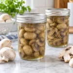 Two sealed jars of pressure-canned whole and sliced mushrooms