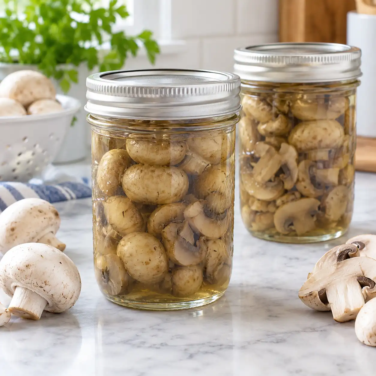 Two sealed jars of pressure-canned whole and sliced mushrooms