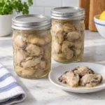 Two sealed half-pint jars of home-canned oysters