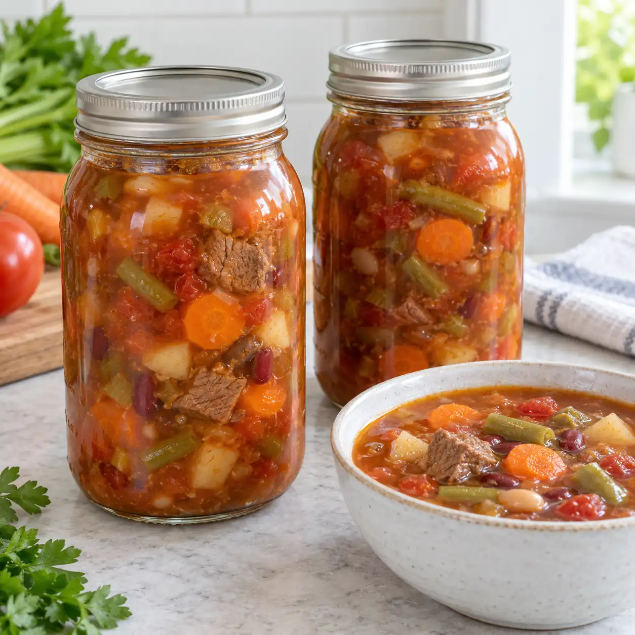 Two sealed quart jars of pressure-canned vegetable and beef soup