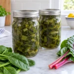Two sealed pint jars of pressure-canned chopped leafy greens