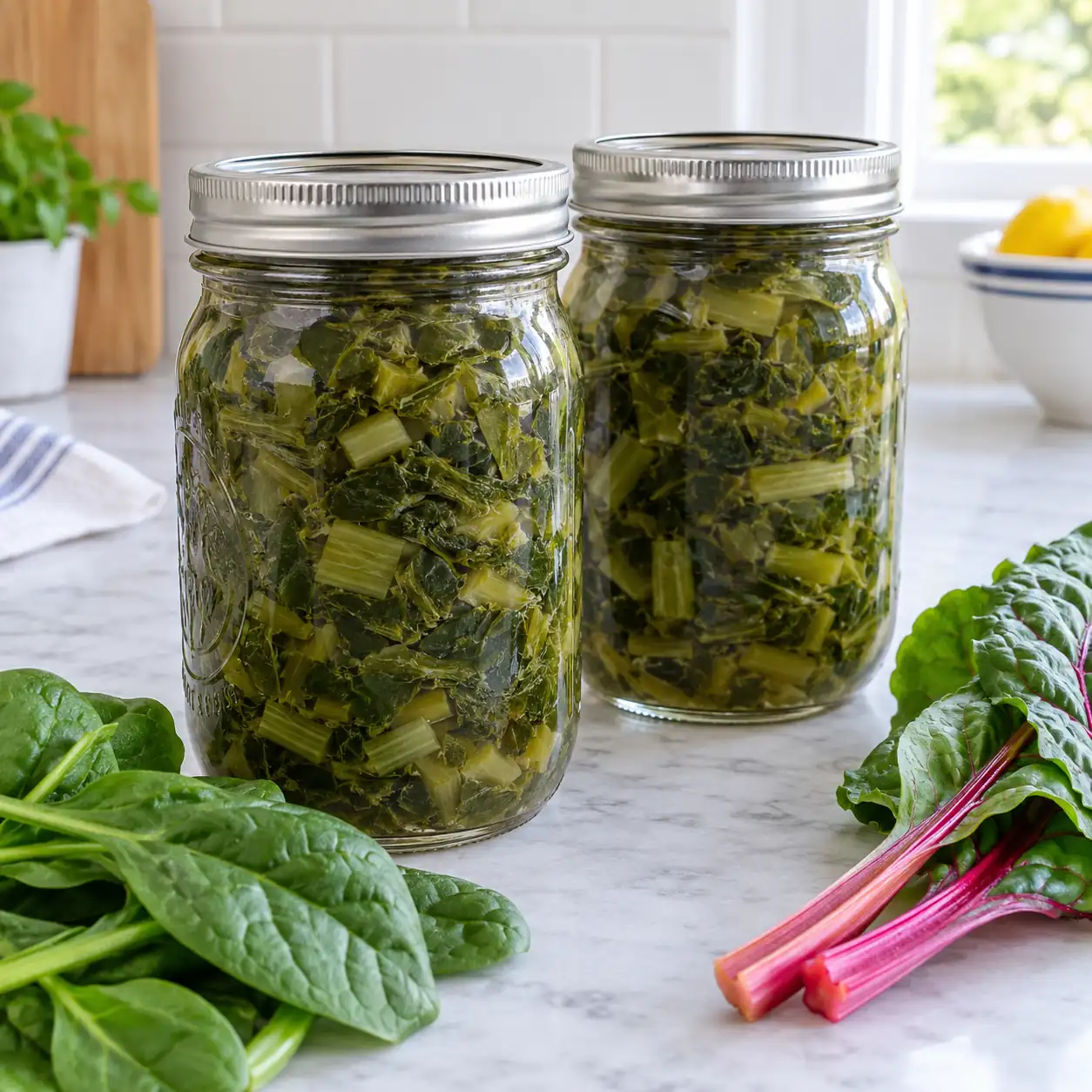 Two sealed pint jars of pressure-canned chopped leafy greens