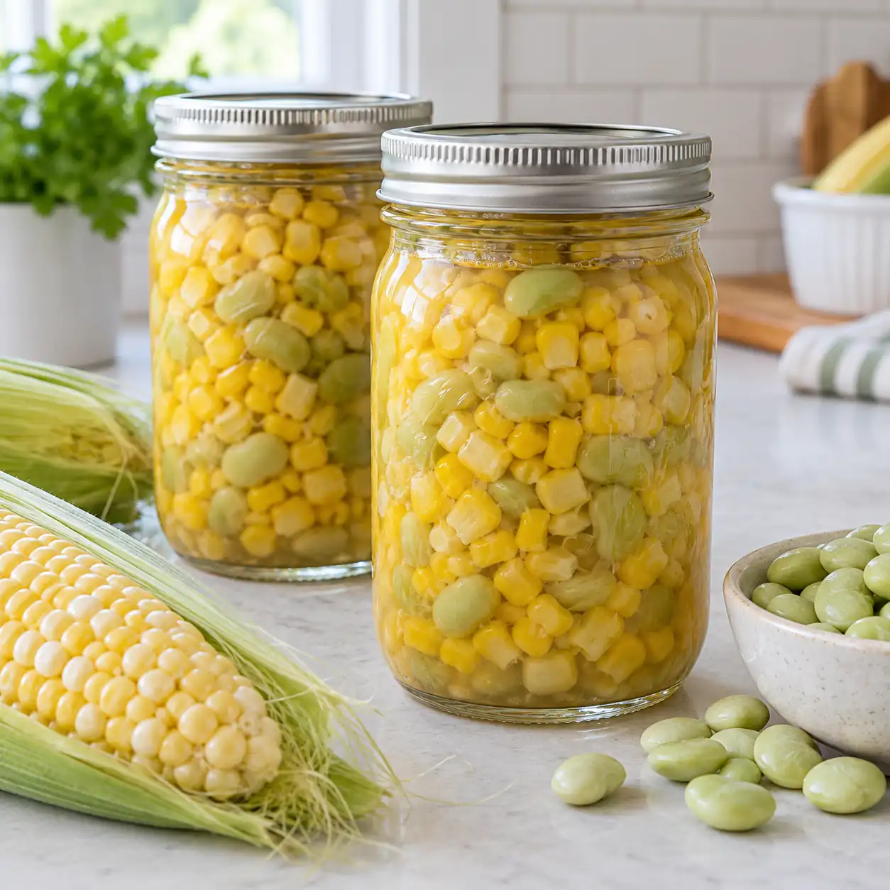 Two sealed pint jars of pressure-canned corn and lima bean succotash