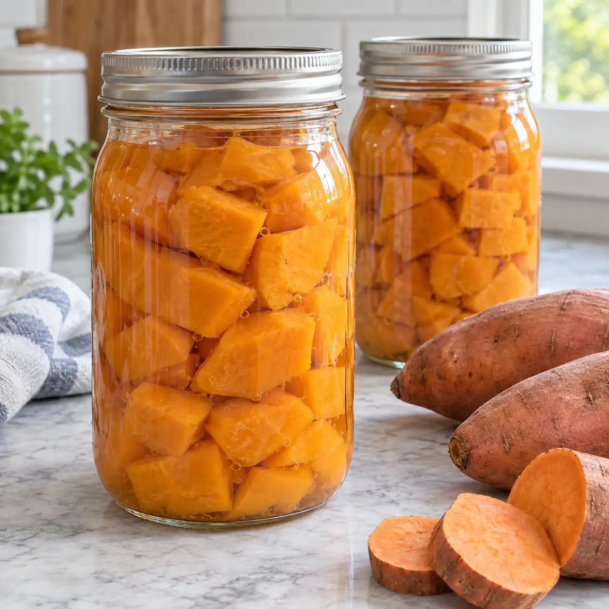 Two sealed quart jars of pressure-canned sweet potato pieces