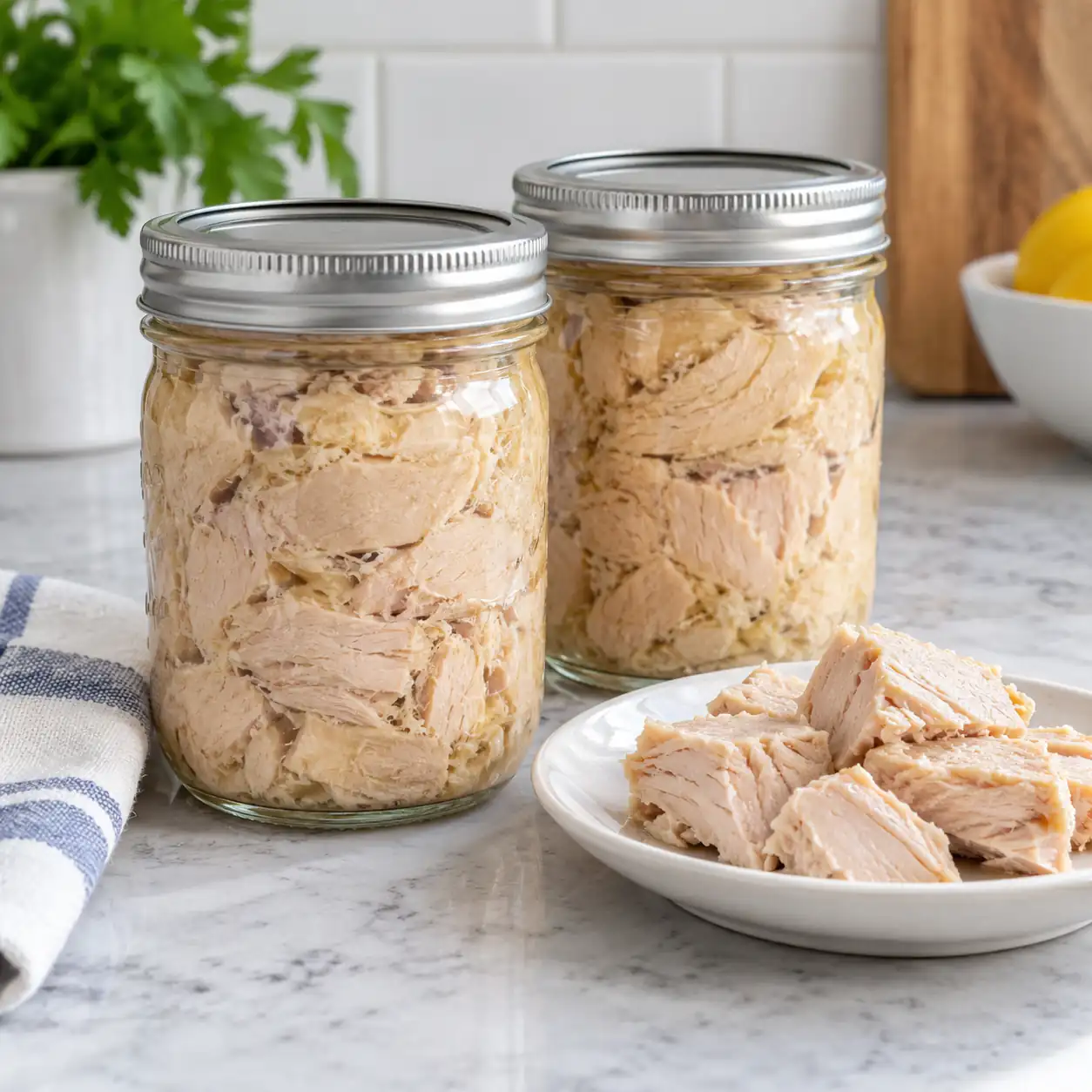 Two sealed half-pint jars of home-canned tuna