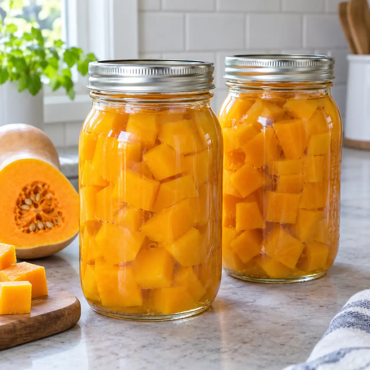 Two sealed quart jars of pressure-canned cubed winter squash
