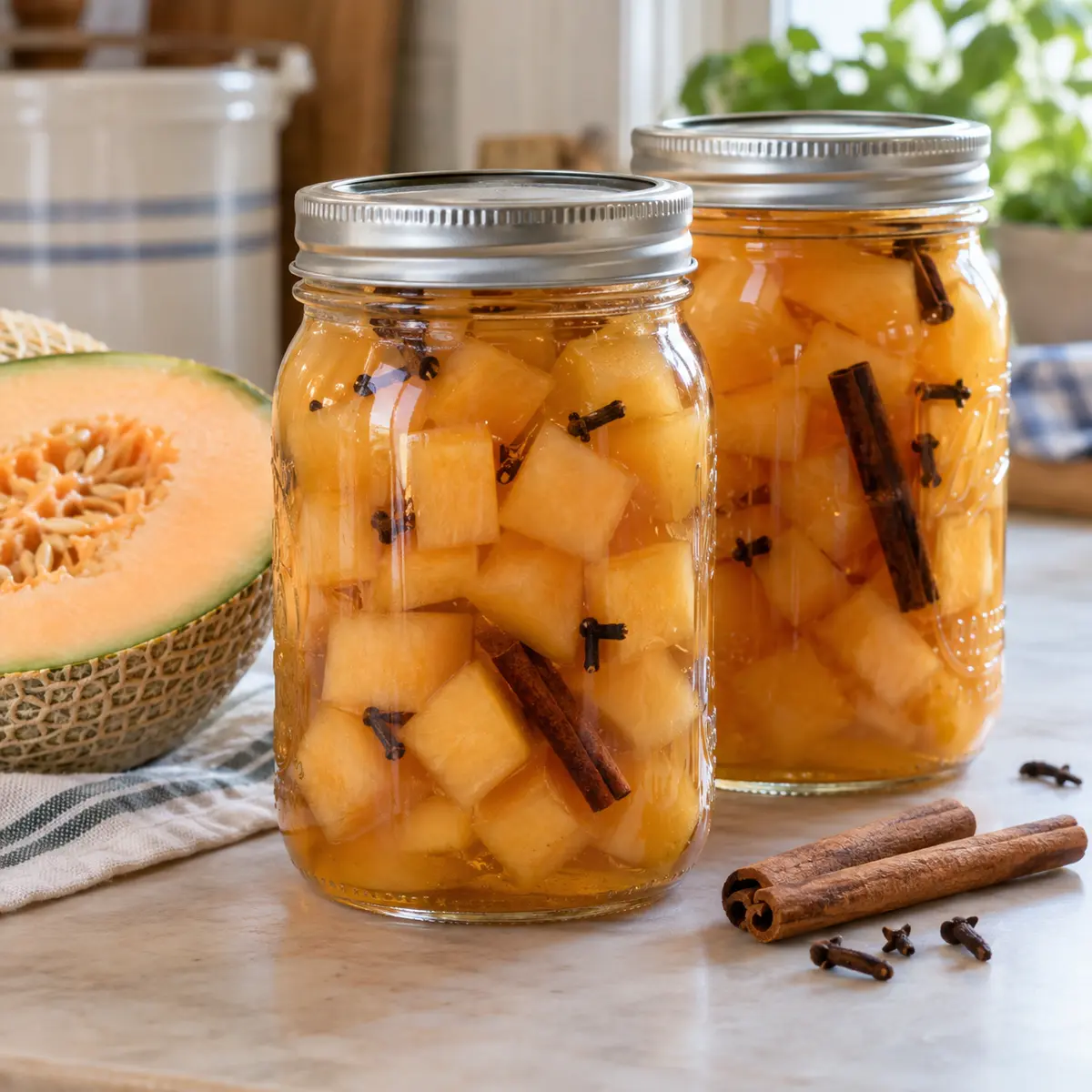 Spiced cantaloupe pickle cubes in sealed home-canning jars with fresh cantaloupe