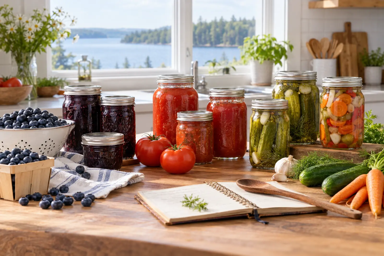 Unbranded Canadian home-canning jars, recipe notebook, blueberries, tomatoes, and pickling vegetables