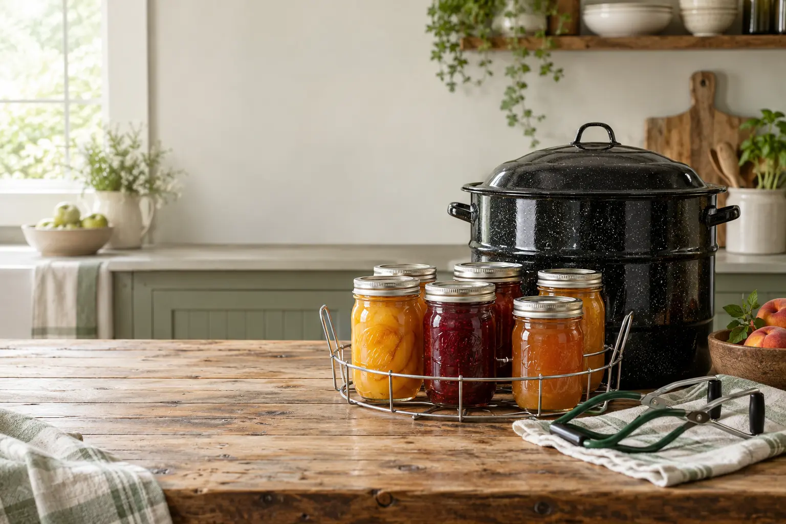 Black enamel boiling-water canner, jar rack, fruit preserves, and canning tools