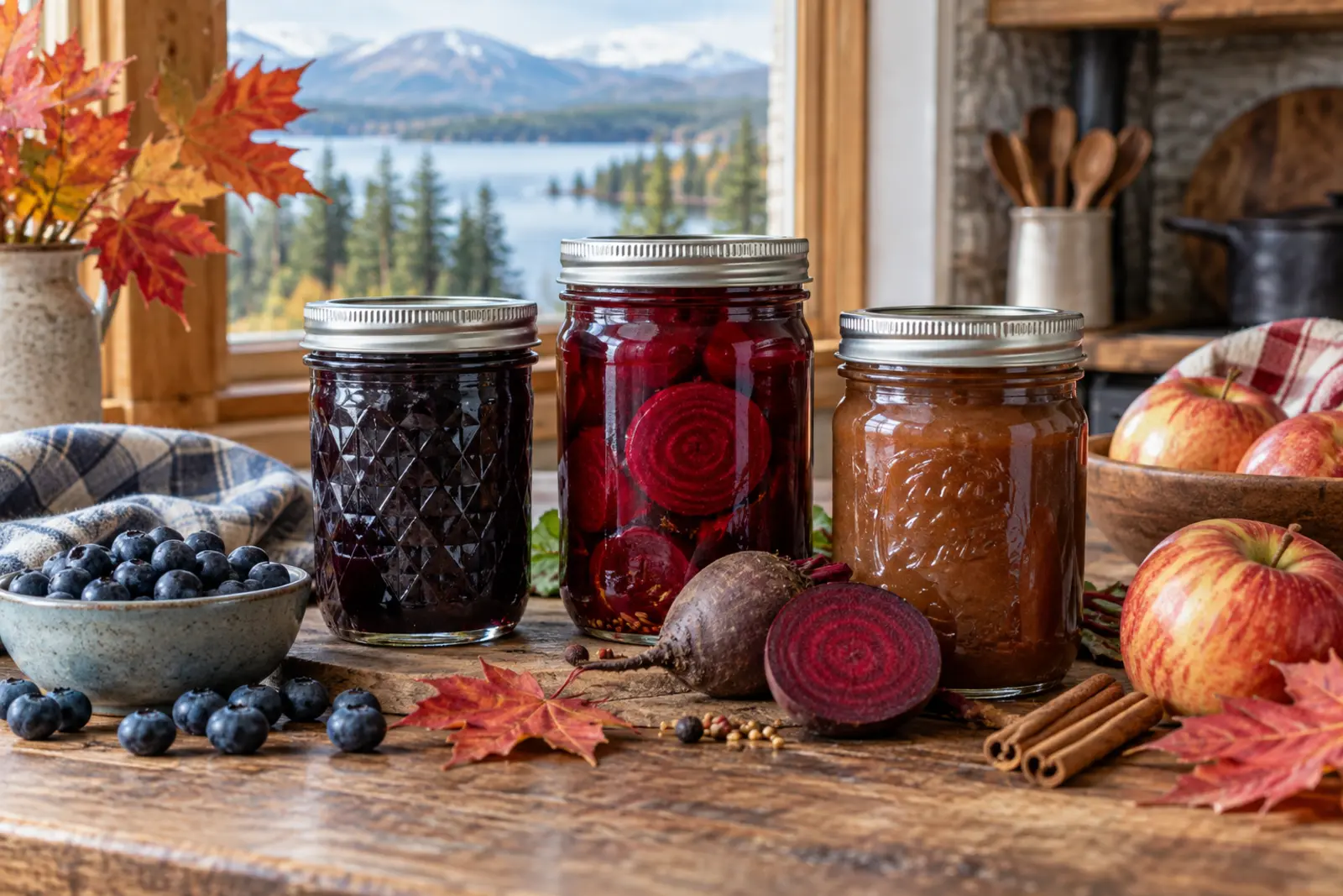 Canadian home-canning preserves with blueberries, pickled beets, apples, and maple leaves beside a northern lake