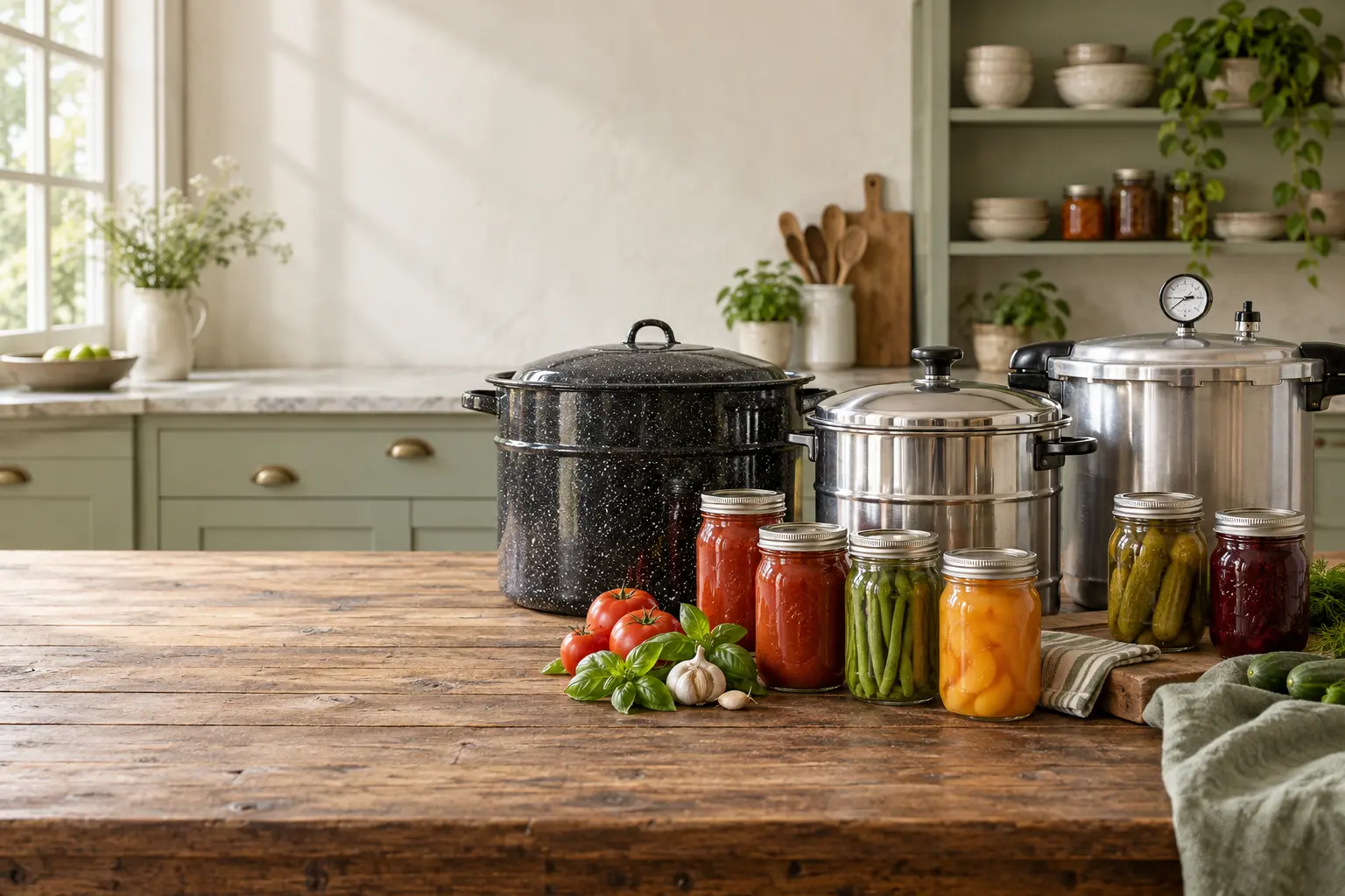 Boiling-water, atmospheric steam, and pressure canners with sealed home-canning jars