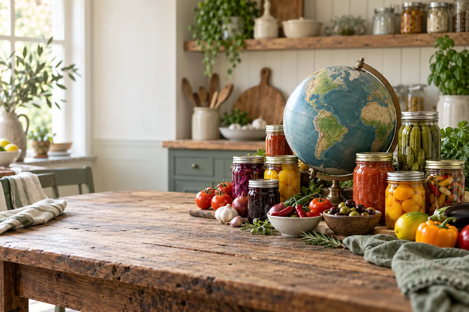 World globe surrounded by home-canned foods and produce from varied culinary regions