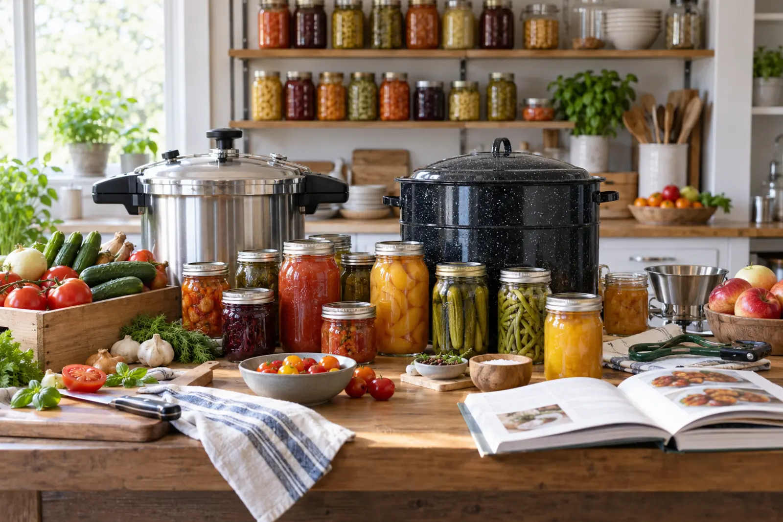 Unbranded home-canning jars, pressure canner, boiling-water canner, reference manuals, and produce in a test kitchen