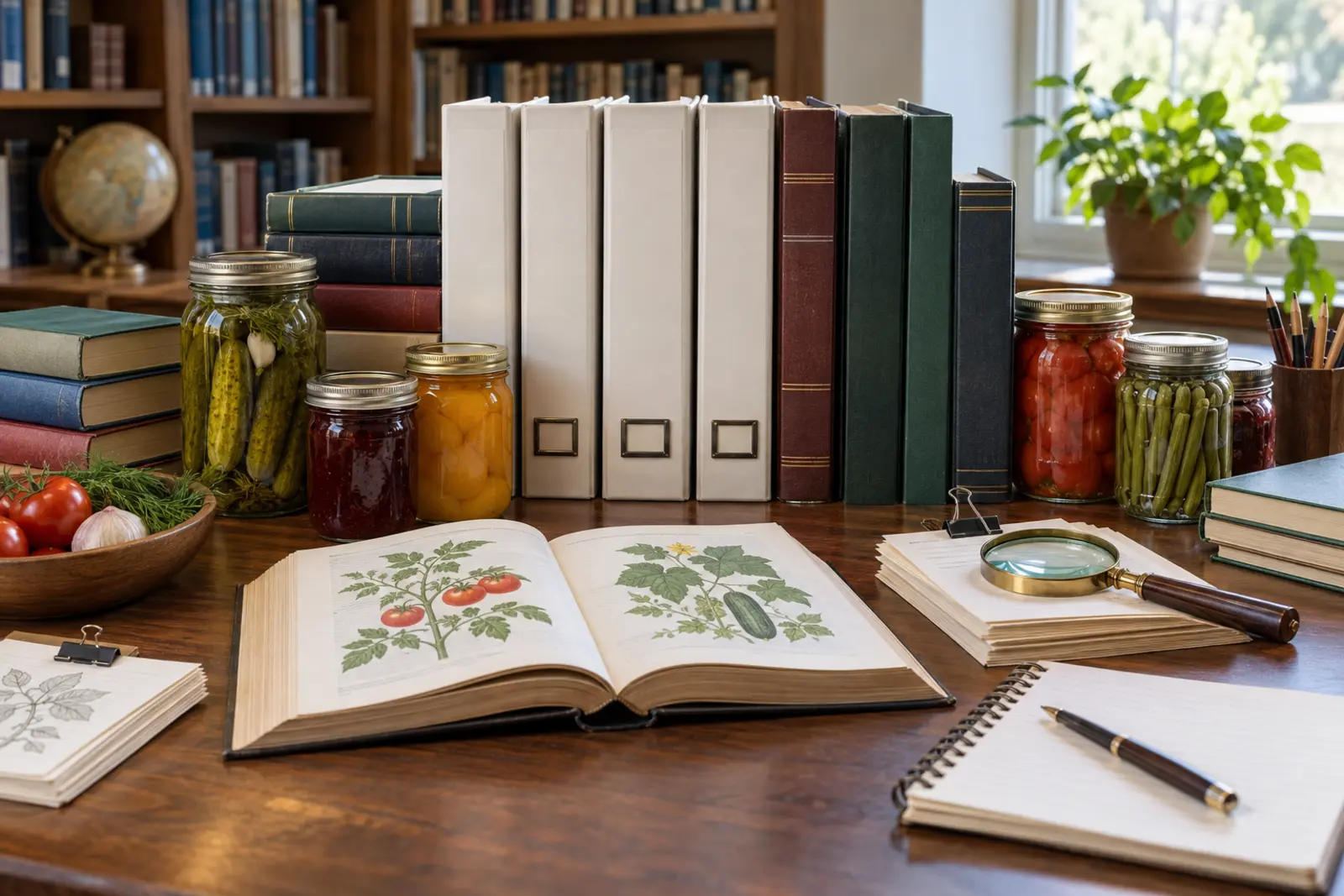 Home-canning research binders, reference books, citation notes, sealed jars, and a magnifying glass in a library