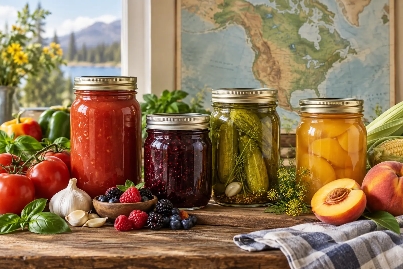 North American home-canning assortment with tomatoes, berries, dill pickles, peaches, and corn beside a regional map