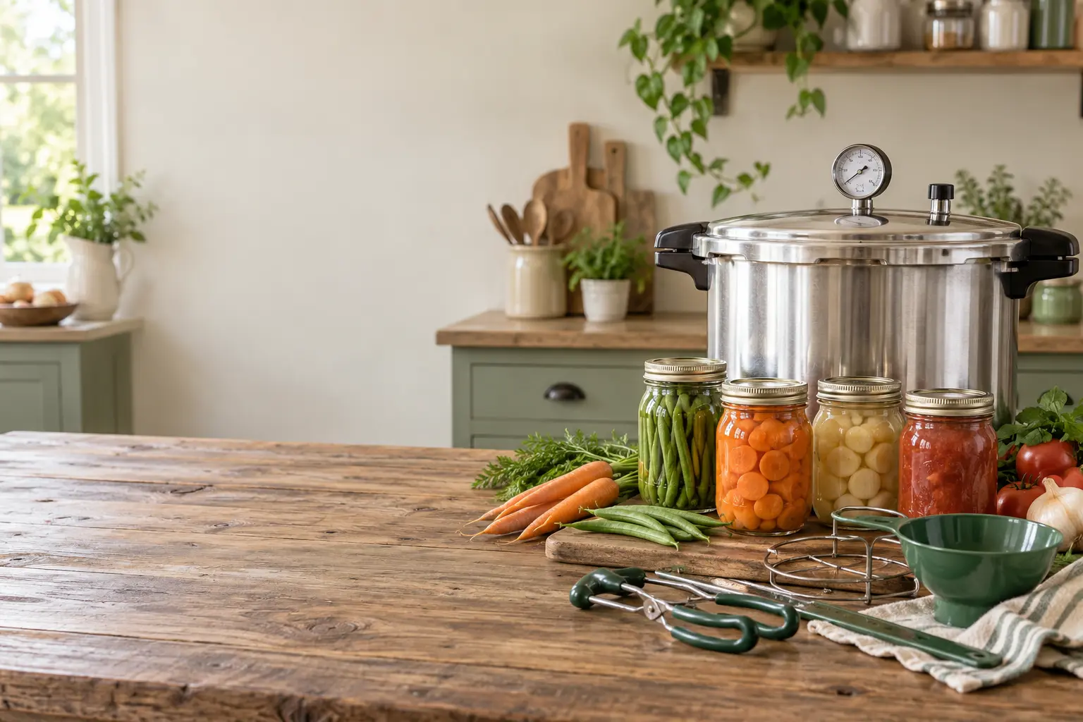 Pressure canner with dial gauge, sealed jars of vegetables, and home-canning tools