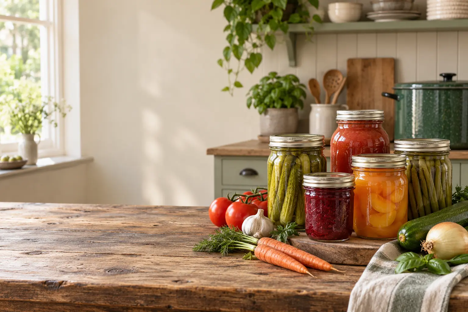 Assorted sealed home-canning jars with fresh vegetables in a rustic kitchen