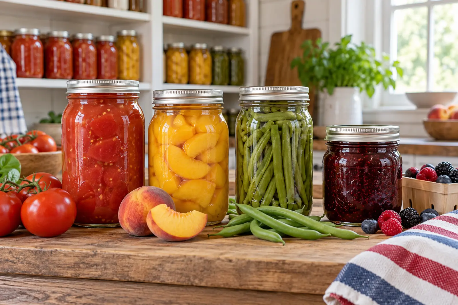United States home-canning jars of tomatoes, peaches, green beans, and berry preserve in a bright farmhouse pantry