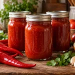 Sealed pint jars of deep red cayenne pepper sauce with hot peppers and tomatoes.