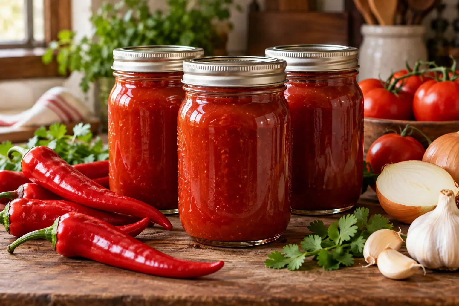Sealed pint jars of deep red cayenne pepper sauce with hot peppers and tomatoes.