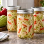 Three sealed half-pint canning jars filled with chayote and jicama slaw with red pepper