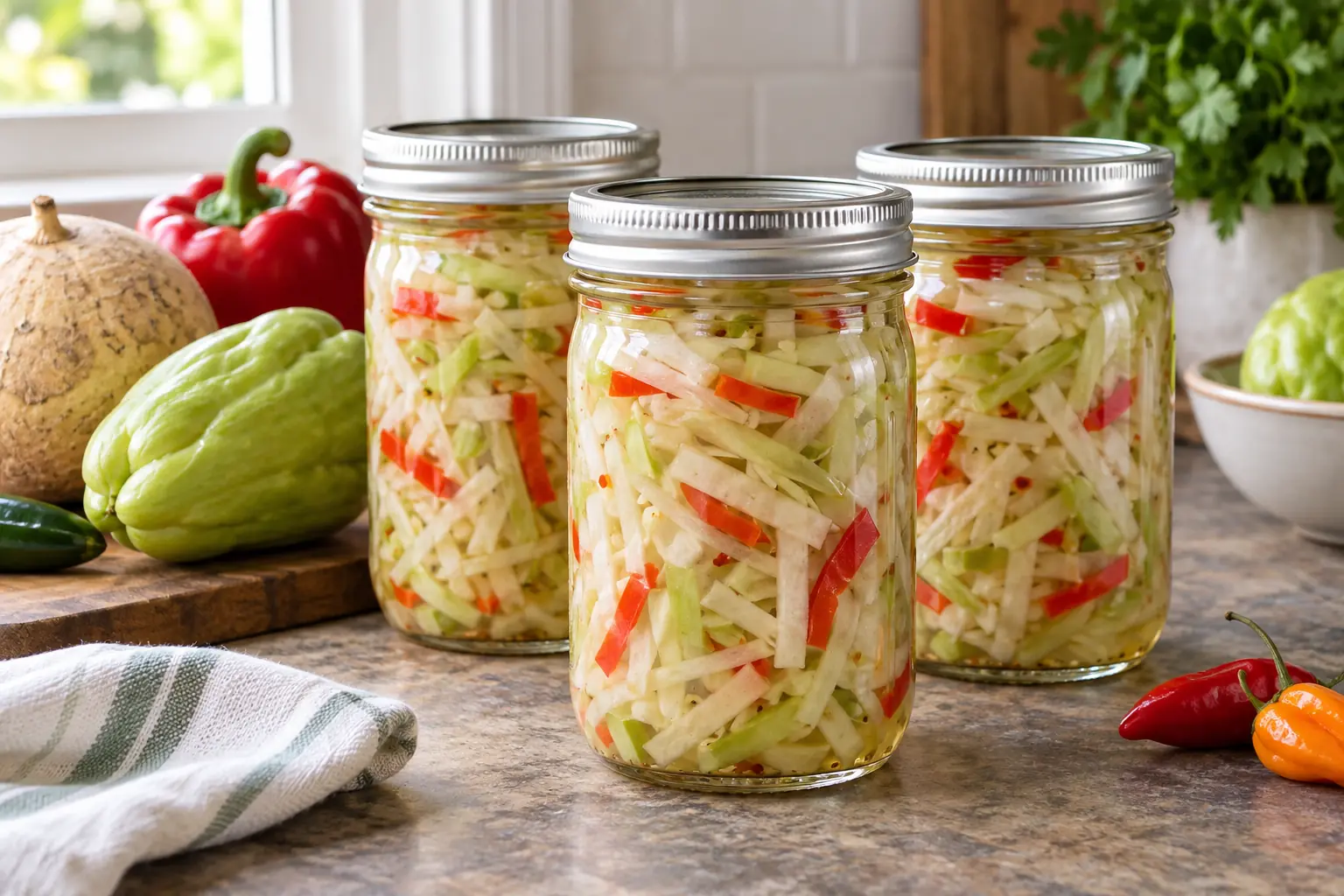 Three sealed half-pint canning jars filled with chayote and jicama slaw with red pepper
