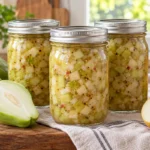 Sealed jars of Chayote and Pear Relish prepared using the tested NCHFP method