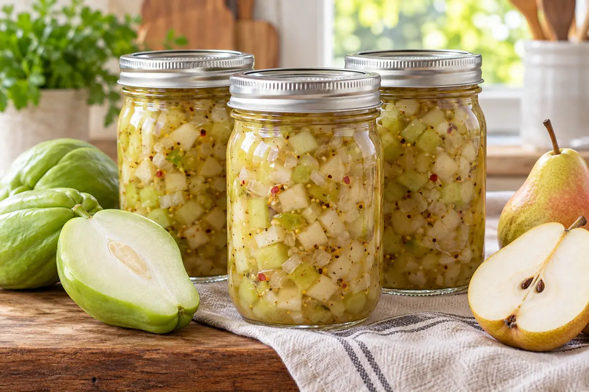 Sealed jars of Chayote and Pear Relish prepared using the tested NCHFP method