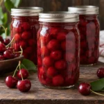 Whole deep-red cherries packed in clear syrup inside sealed glass home-canning jars