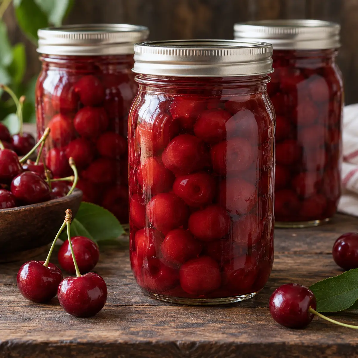 Whole deep-red cherries packed in clear syrup inside sealed glass home-canning jars