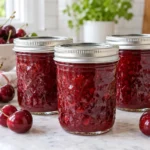 Three sealed canning jars of cherry jam with fresh sour cherries
