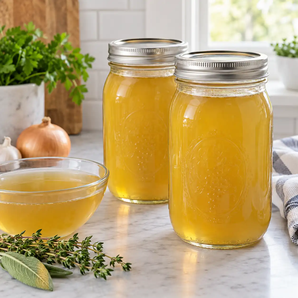 Two sealed quart jars of pressure-canned clear golden poultry stock