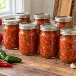 Sealed pint jars of chunky red tomato and chile salsa with fresh tomatoes, peppers, onions, and garlic.