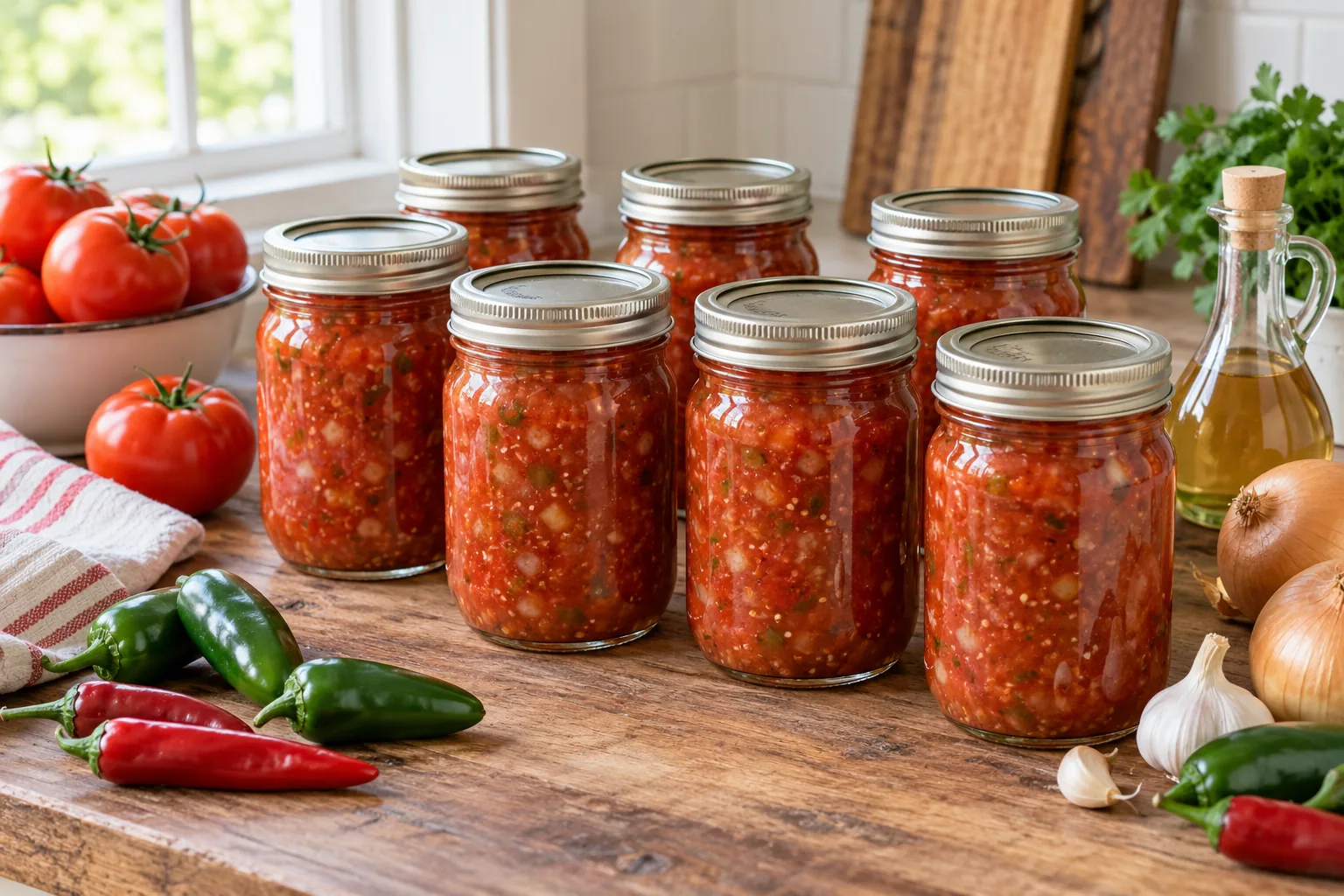 Sealed pint jars of chunky red tomato and chile salsa with fresh tomatoes, peppers, onions, and garlic.