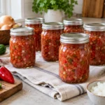 Sealed pint jars of chunky Chile Salsa II with tomatoes, green and red chile peppers, and onions.