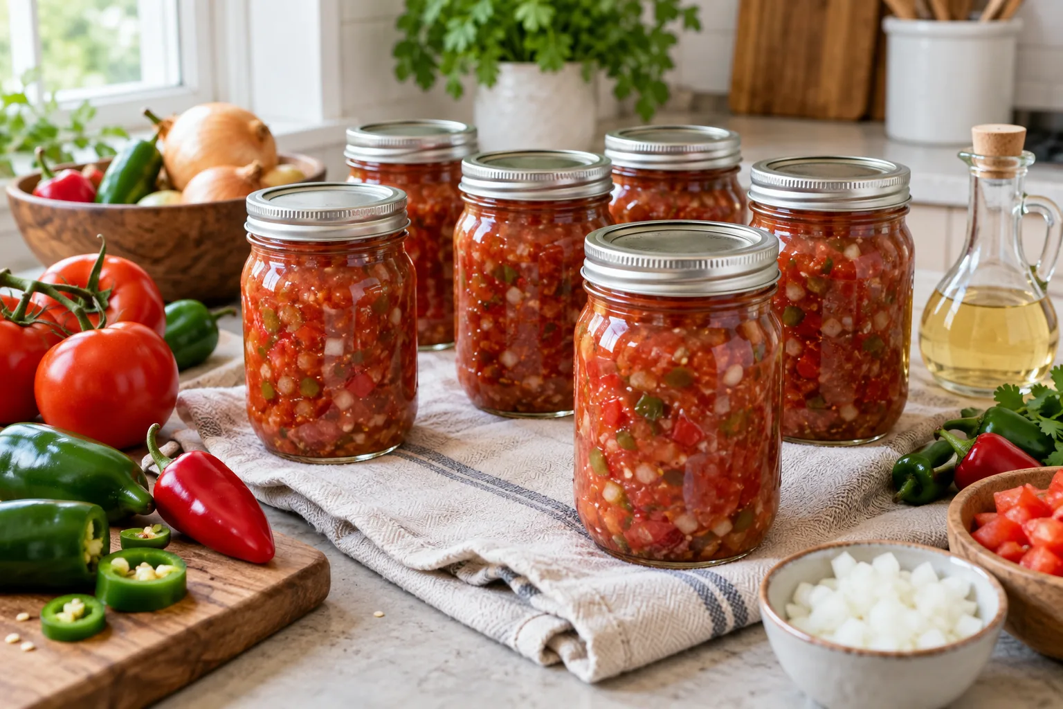 Sealed pint jars of chunky Chile Salsa II with tomatoes, green and red chile peppers, and onions.