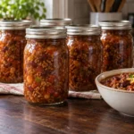 Home-canned chili con carne in sealed pint canning jars