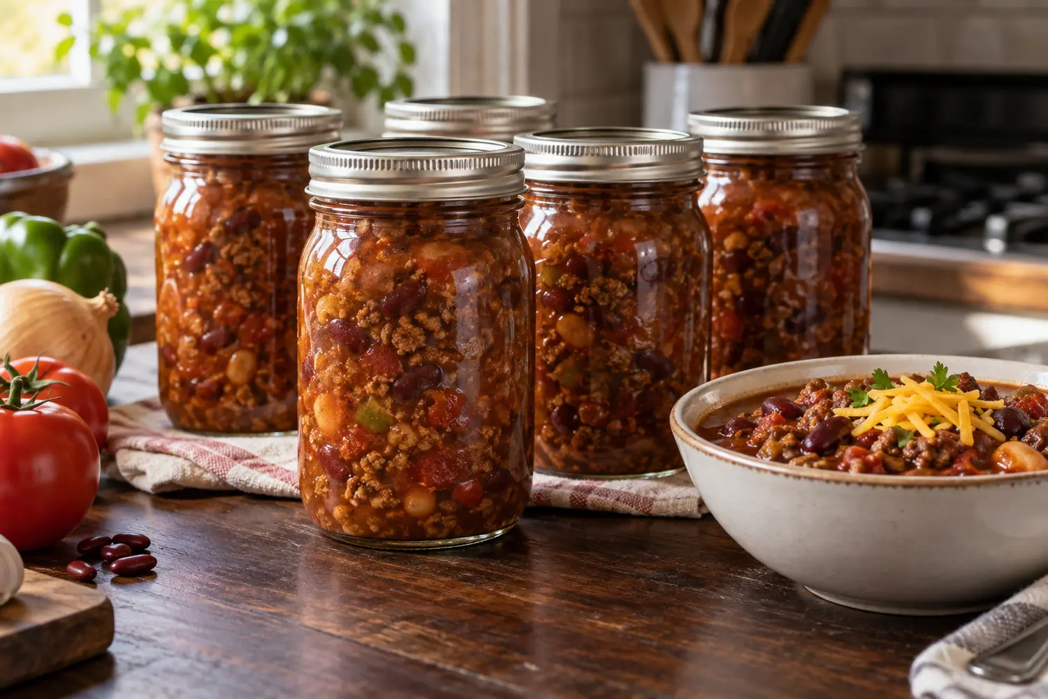 Home-canned chili con carne in sealed pint canning jars